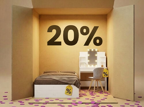 Mobilier modern de dormitor cu pat alb și masă de toaletă bej, prezentate &icirc;ntr-un decor tip cutie, cu reducere de 20% la articolele esențiale de dormitor.